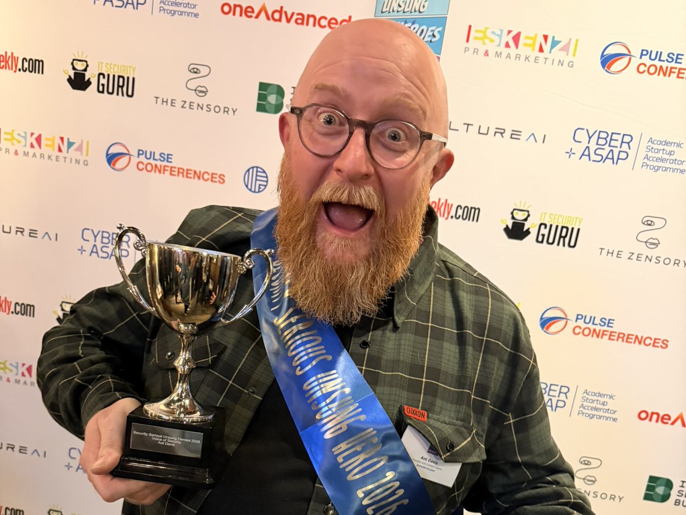 Ant Davis holding the Voice of Security trophy at the Security Serious Unsung Heroes Awards 2026